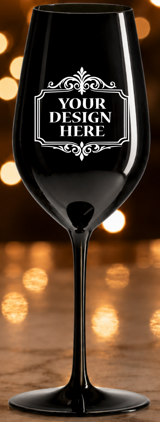 Custom Logo Etching • 144 Double Blind Black Glasses • Made in Europe & Satin-Etched in USA • 100% Lead-Free Crystal • Minimum Order Quantity: 144 Pieces • Pour Lines Applied Upon Request