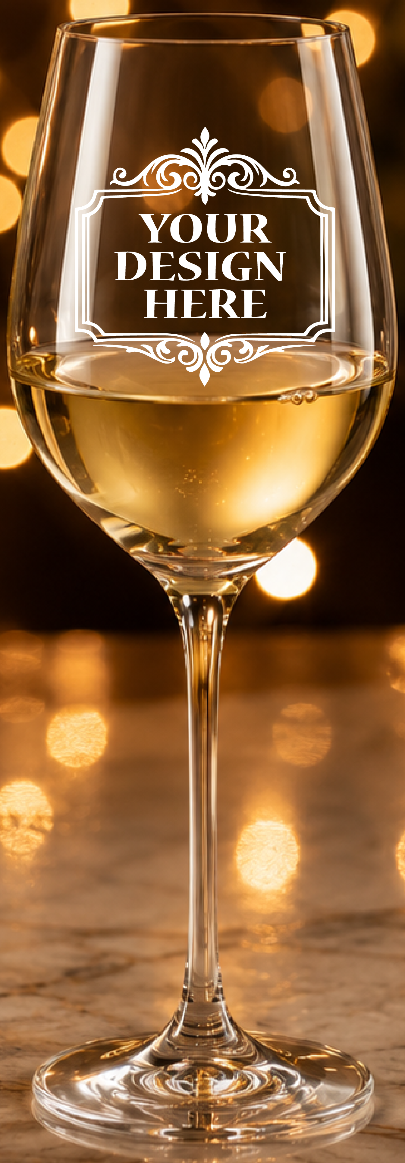 Custom Logo Etching • 144 White Wine Glasses • Made in Europe & Satin-Etched in USA • 100% Lead-Free Crystal • Minimum Order Quantity: 144 Pieces • Pour Lines Applied Upon Request