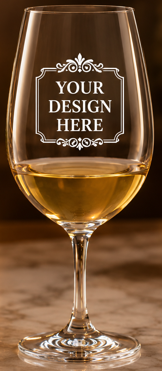 Custom Logo Etching • 144 Tasting Wine Glasses • Made in Europe & Satin-Etched in USA • 100% Lead-Free Crystal • Minimum Order Quantity: 144 Pieces • Pour Lines Applied Upon Request