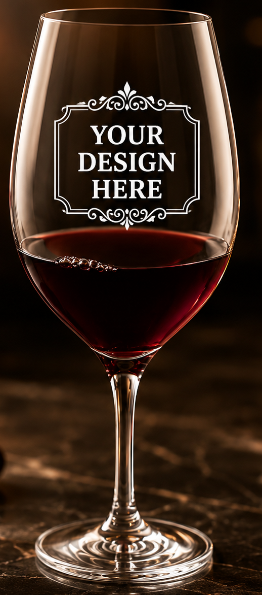 Custom Logo Etching • 144 Red Wine Glasses • Made in Europe & Satin-Etched in USA • 100% Lead-Free Crystal • Minimum Order Quantity: 144 Pieces • Pour Lines Applied Upon Request