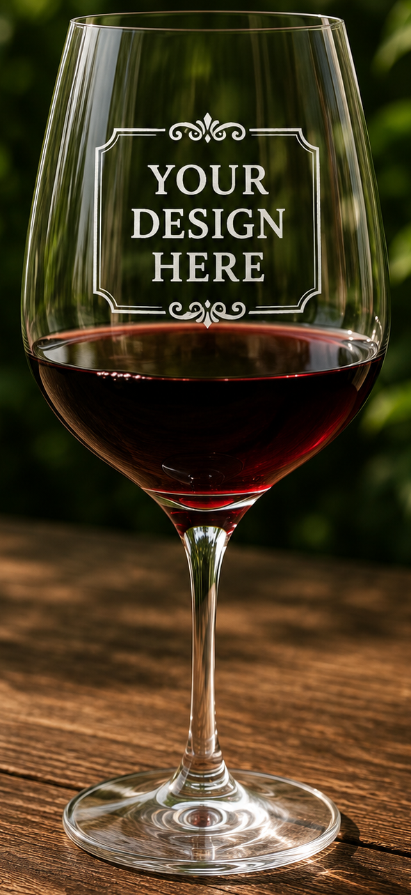 Custom Logo Etching • 144 Red Wine Glasses • Made in Europe & Satin-Etched in USA • 100% Lead-Free Crystal • Minimum Order Quantity: 144 Pieces • Pour Lines Applied Upon Request