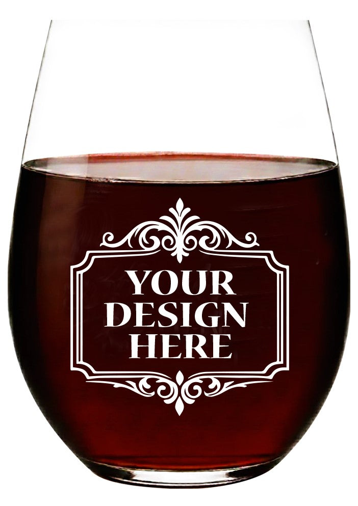 Custom Logo Etching • 144 Stemless Wine Glasses • Made in Europe & Satin-Etched in USA • 100% Lead-Free Crystal • Minimum Order Quantity: 144 Pieces • Pour Lines Applied Upon Request