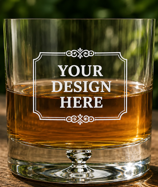 Custom Logo Etching • 144 Classic Double Old Fashioned Glasses • Made in Europe & Satin-Etched in USA • 100% Lead-Free Crystal • Minimum Order Quantity: 144 Pieces • Pour Lines Applied Upon Request